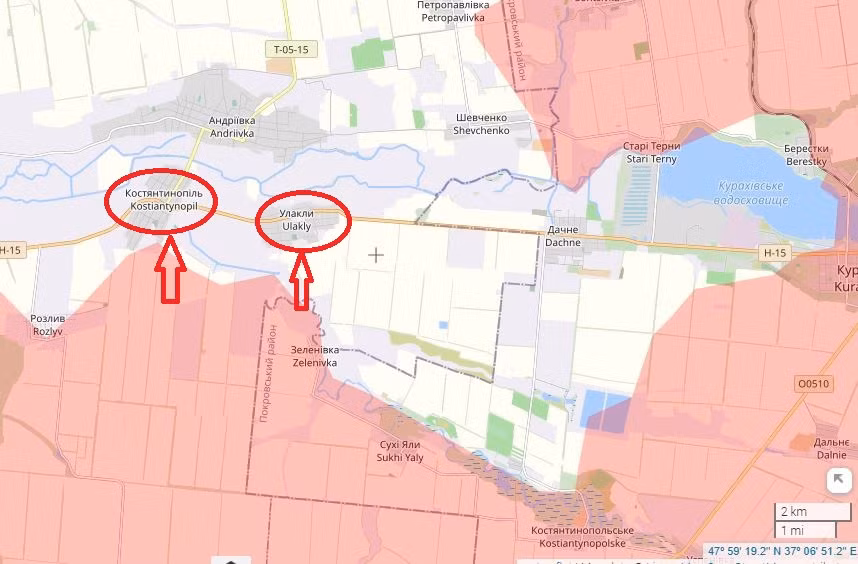 Ở khu vực phía nam Kurakhove, dọc theo hữu ngạn sông Sukhi Yaly, sau khi tuyến phòng thủ ở phía nam con sông này bị sụp đổ, các đơn vị xung kích của Cụm Vostok RFAF tiếp tục tiến về phía tây làng Zelenivka, nhằm chiếm các làng Konstantinopol và Ulakly, nằm trên trục đường cao tốc H-15 từ Kurakhove đi Zaporozhye.