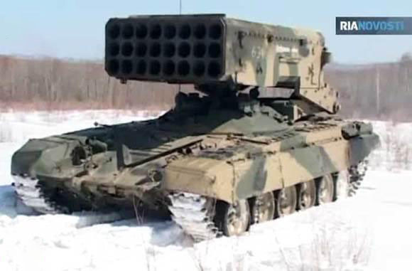 Ngay từ năm 2015, Nga đã gửi ít nhất một hệ thống TOS-1 để hỗ trợ dân quân ly khai ở miền đông Ukraine. Vào tháng 9 cùng năm, các quan sát viên của Tổ chức An ninh và Hợp tác Châu Âu (OSCE) phát hiện thấy có TOS-1, trong số các xe tăng đang được huấn luyện trong khu vực, do dân quân kiểm soát gần Luhansk.