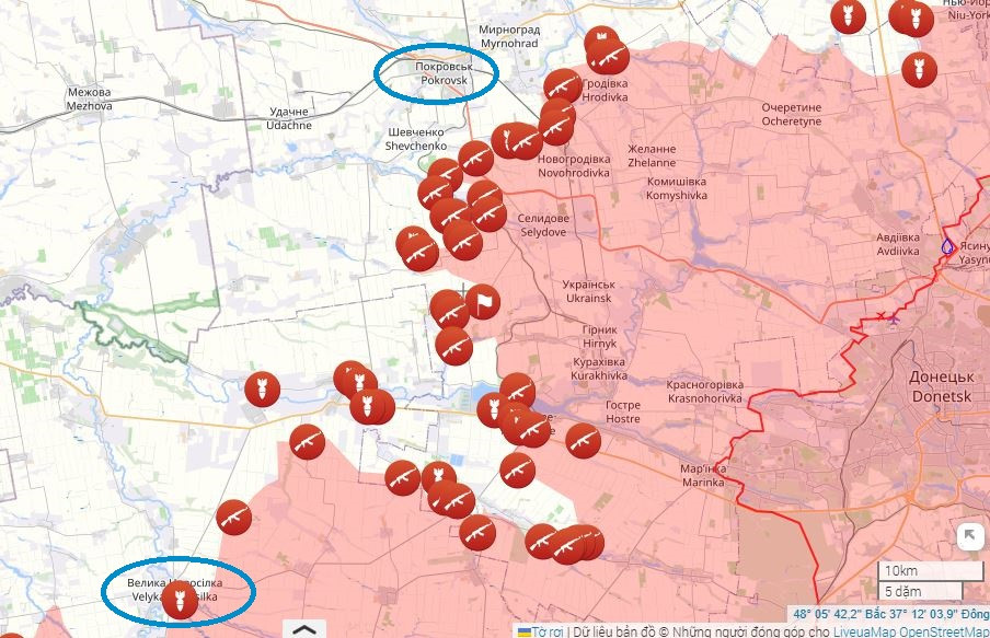 Nhưng với việc Quân đội Nga đang chiến đấu tạo thế để tổ chức bao vây Pokrovsk, khi nhiều vị trí tiền phương của quân Nga chỉ cách trung tâm Pokrovsk 6 km. Như vậy, sự thất thủ của Kurakhove sẽ ảnh hưởng đến toàn bộ mặt trận Donbass của Quân đội Ukraine, trước mắt là thành phố Pokrovsk và khu vực Velyka Novosilka. (Nguồn ảnh: Topwar, Ukrinform, CNN).