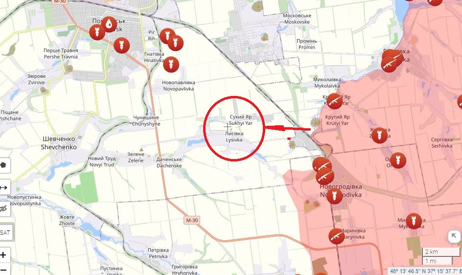 Bất chấp sự tăng viện của quân Ukraine, nhằm giữ vững con đường tiếp cận ngôi làng Lysovka trong các cánh rừng, quân Nga đã tiến tới vùng ngoại ô Lysivka và mặt trận tiếp tục tiến về phía Pokrovsk. Quân tiếp viện Ukraine không thể ngăn cản quân Nga tấn công vào Selidovo và Pokrovsk.