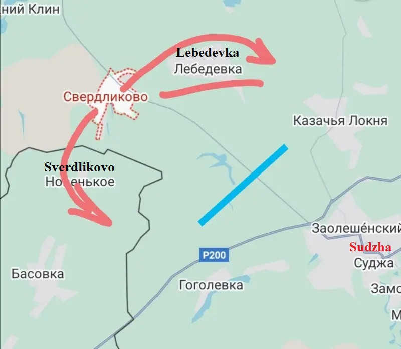 Ngoài ra, ở đông bắc Sverdlikovo, các đơn vị lính dù Nga đã tái chiếm làng Lebedevka, tạo thành một đội hình đánh vào sườn phòng thủ của AFU gần Sudzha. Việc tái chiếm Lebedevka, giúp RFAF hình thành nên một “gọng kìm” Sverdlikovsky. Sườn phía đông của vòng vây nằm ở Lebedevka và hơi chếch về phía nam, sườn phía tây nằm trong khu vực làng Novenkoye, thuộc tỉnh Sumy của Ukraine, nơi đã nằm dưới sự kiểm soát của RFAF. 