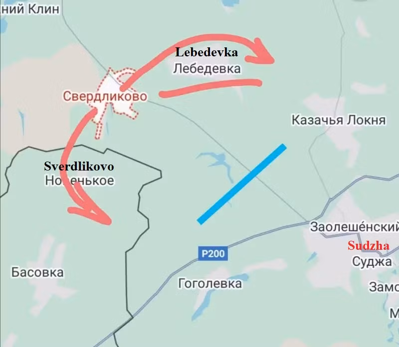 Ngoài ra, ở đông bắc Sverdlikovo, các đơn vị lính dù Nga đã tái chiếm làng Lebedevka, tạo thành một đội hình đánh vào sườn phòng thủ của AFU gần Sudzha. Việc tái chiếm Lebedevka, giúp RFAF hình thành nên một “gọng kìm” Sverdlikovsky. Sườn phía đông của vòng vây nằm ở Lebedevka và hơi chếch về phía nam, sườn phía tây nằm trong khu vực làng Novenkoye, thuộc tỉnh Sumy của Ukraine, nơi đã nằm dưới sự kiểm soát của RFAF. 