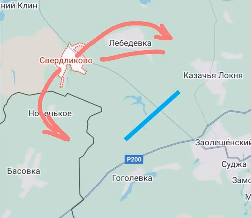 Tại khu vực này, AFU đã bó trí trận địa phòng ngự kiên cố, có các bãi mìn từ xa. Nhiệm vụ trước mắt của RFAF có thể, bằng một cuộc tấn công tập trung, xóa bỏ tuyến phòng thủ này của AFU (được đánh dấu màu xanh trên bản đồ) hoặc tiến thẳng đến trung tâm thị trấn Sudzha. Điều kiện thuận lợi với RFAF là họ tái chiếm được làng Pogrebki, nằm ở phía bắc Sudzha. 