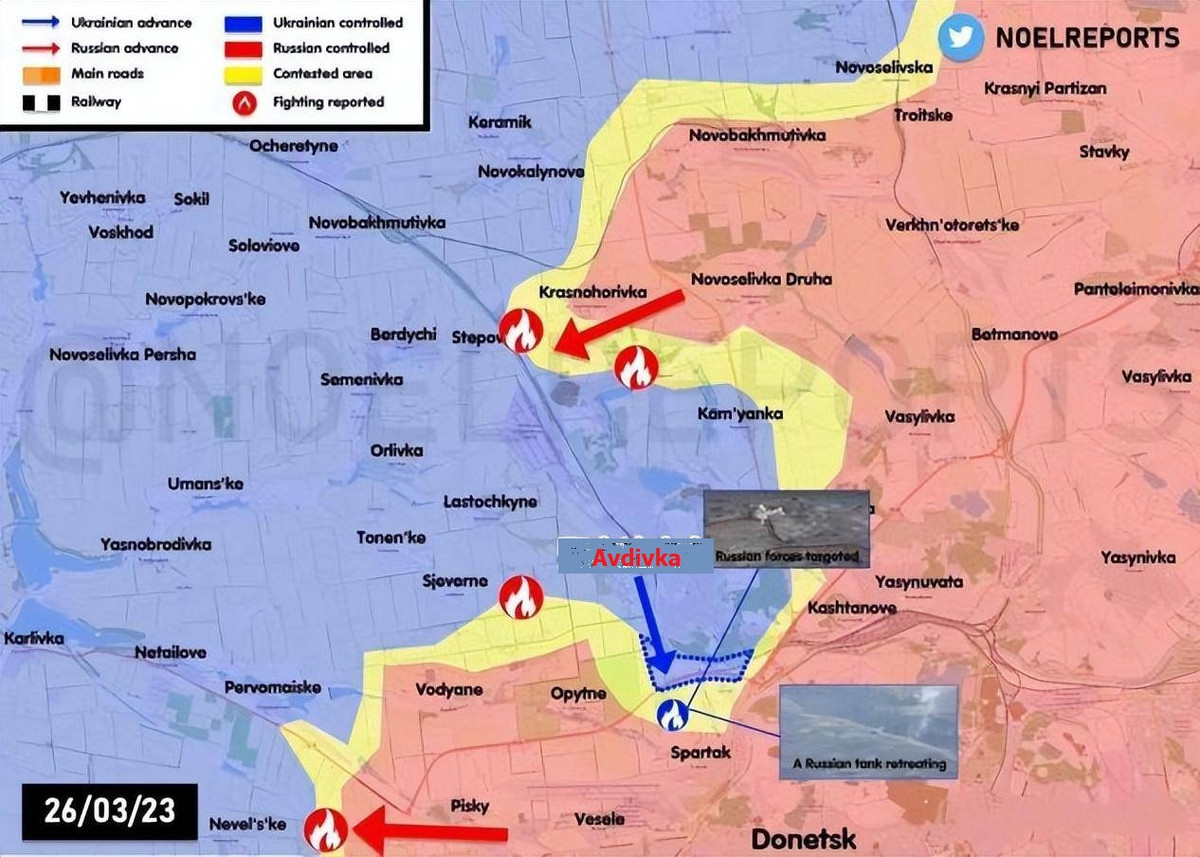 Theo lãnh đạo Kiev và cơ quan tình báo Anh, lý do cho điều này là cuộc tấn công của Nga vào Bakhmut “không tiến triển”; vì vậy, Quân đội Nga buộc phải mở một mặt trận mới tại Avdivka, bao vây thành phố bằng cách gây áp lực lên các tuyến tiếp tế của Avdivka. 