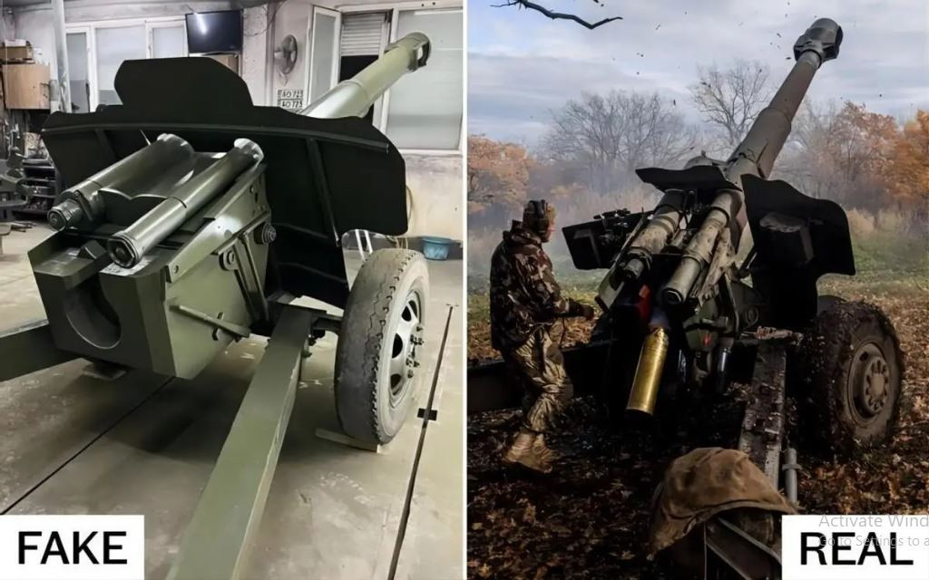 Theo một số chuyên gia phân tích, đòn tấn công bằng UAV Lancet của Nga là chính xác; tuy nhiên chưa chắc đó đã là máy bay chiến đấu Su-25 thật của Ukraine, mà chỉ là mục tiêu mô hình, nhằm đánh lừa đòn tấn công của Quân đội Nga. (Ảnh khẩu pháo thật (phải) và khẩu pháo giả của Ukraine).