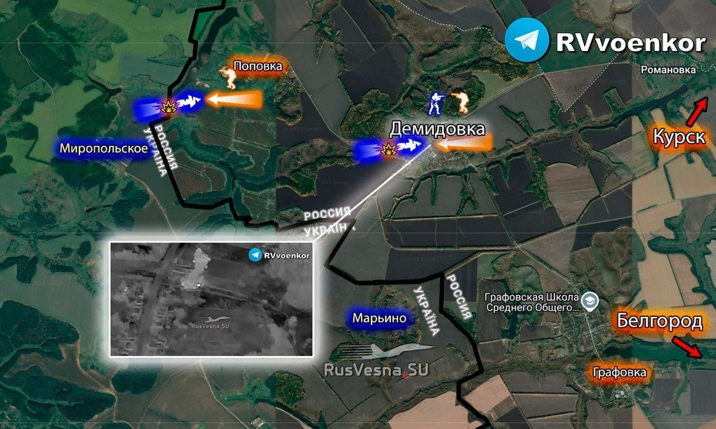 Trước đó từ ngày 18/3, quân Ukraine đã tấn công vào khu vực quận Krasnoyarsk thuộc tỉnh Belgorod của Nga. AFU từ tỉnh Sumy tiếp tục điều các nhóm bộ binh nhỏ qua các lối mở đã được tạo ra trong hàng "răng rồng" để tăng viện cho các mũi xung kích, đang bị thiệt hại nặng nề tại những ngôi làng giáp biên giới như Popovka và Demidovka. 