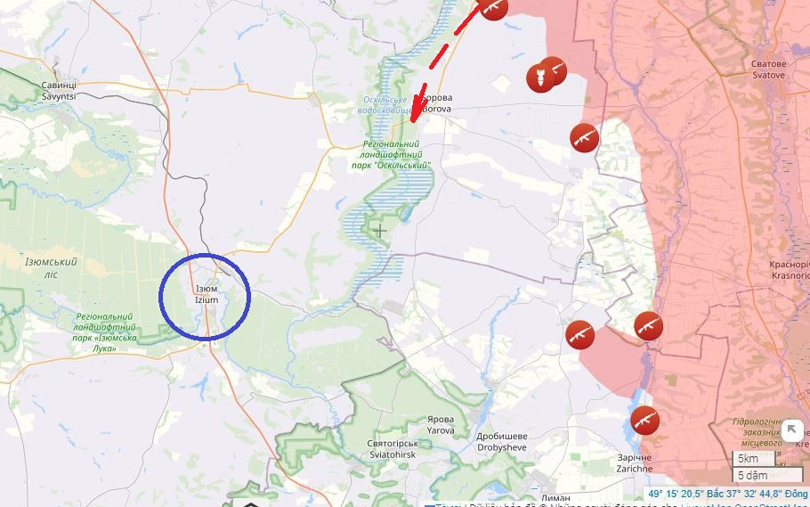 Thứ năm, RFAF bắt đầu tiến về phía Izyum, phía nam Kupyansk. Mặc dù hướng tấn công chính của RFAF trên chiến trường phía bắc là thành phố Lyman, nhưng vì quân Nga đã tiến đến bờ sông Oskol, ở phía nam Kupyansk, nên dự kiến vào cuối tháng 2, họ sẽ tiếp tục tiến dọc theo sông Oskol về phía nam, đánh bật quân Ukraine đang chiến đấu một cách tuyệt vọng ở bên kia sông Oskol. Điều này sẽ dẫn đến việc RFAF dần tiếp cận trung tâm tiếp tế chính của AFU tại Izyum. 