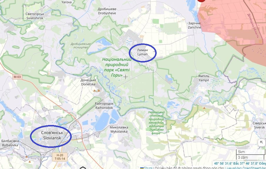 Thứ ba, RFAF đã tiến đến Lyman, cửa ngõ phía bắc của thành phố Slavyansk. Hiện nay, vị trí đầu cầu của RFAF ở bờ tây sông Zhilebet, phía đông bắc thành phố Lyman đã được củng cố. Dự kiến sau khi RFAF chiếm được các thành phố Toretsk và Chasov Yar, các đơn vị ở đây sẽ được triển khai về hướng Lyman.