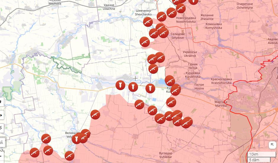 Viện Nghiên cứu Chiến tranh Mỹ (ISW) nhận định, mặt trận nam Donetsk của Ukraine đang trên đà sụp đổ. “Kể từ ngày 1/9, Quân đội Nga đã tăng tốc đáng kể tốc độ tấn công theo các hướng Pokrovsky, Kurakhovsky, Ugledarsky và Velikonovoselkovsky, kiểm soát ít nhất 1.103 km2 ở các khu vực này”. ISW cũng cho biết, “trong suốt năm 2023, Quân đội Nga chỉ chiếm được 387 km2 lãnh thổ của đối phương”. (Nguồn ảnh: Liveuamap, Rvvoenkory, Ukrinform, Deep State).
