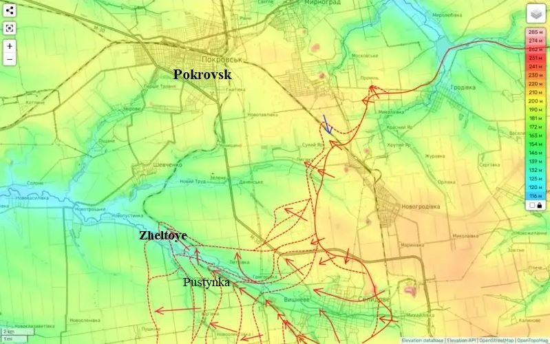 Trang Deep State của Quân đội Ukraine cho biết, quân Nga bắt đầu tiến vào khu vực làng Zheltoye, tạo thế bao vây Pokrovsk từ phía nam. Hiện tại, giao tranh đang diễn ra ngay tại khu vực đông dân cư. Deep State dẫn lời chỉ huy của một đơn vị Ukraine, với mật danh Alex, chiến đấu ở đây cho biết, quân Nga đã chiếm được một nửa làng Zheltoye.