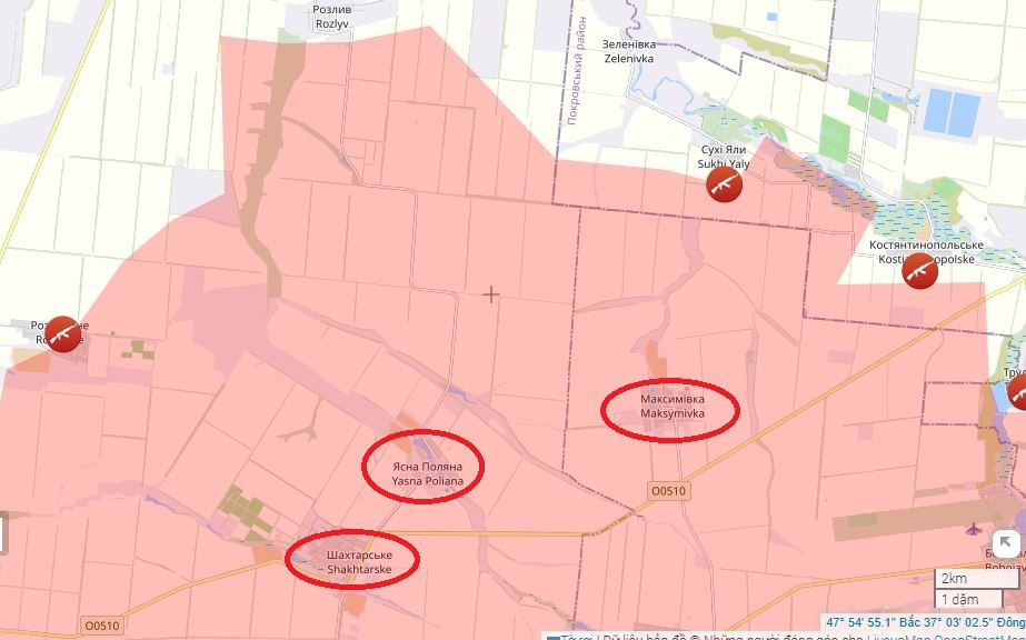 Ở phía nam tuyến phòng thủ sông Sukhi Yaly, Cụm Vostok sau khi tràn ngập pháo đài Ugledar vào cuối tháng 9, đã mở chiến dịch đợt 2, lần lượt chiếm các thị trấn Shakhtars'ke, Novoukrainka, Bohoyavlenka và hai ngôi làng Yasna Polyana, Maksymivka, tiến thẳng về phía bắc, chiếm một khu vực rộng lớn, sát trục đường cao tốc H-15.