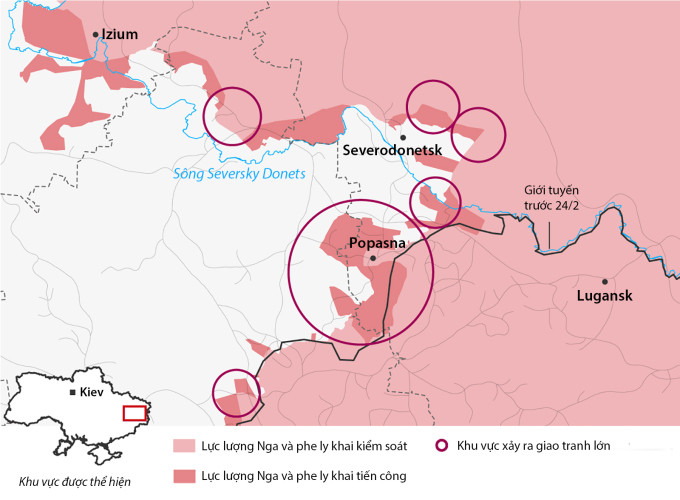 Giới chuyên gia nhận định, đà tiến quân của Nga ở Donbass không quá nhanh, song cho thấy hiệu quả của chiến thuật mới. Quân Nga không còn tìm cách bao vây khu vực có diện tích lớn, thay vào đó chia cắt đối phương bằng các vòng vây nhỏ hơn, đặc biệt tập trung vào thành phố Severodonetsk.