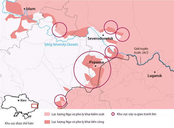 Giới chuyên gia nhận định, đà tiến quân của Nga ở Donbass không quá nhanh, song cho thấy hiệu quả của chiến thuật mới. Quân Nga không còn tìm cách bao vây khu vực có diện tích lớn, thay vào đó chia cắt đối phương bằng các vòng vây nhỏ hơn, đặc biệt tập trung vào thành phố Severodonetsk.