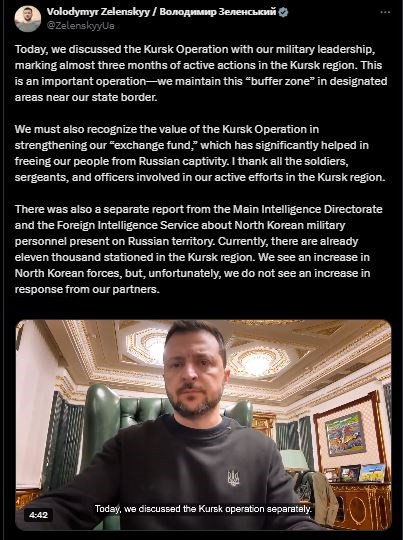 Trong bài phát biểu trực tuyến đêm 4/11, Tổng thống Ukraine Volodymyr Zelensky cho biết: "Hôm nay có một thông riêng từ Tình báo Quốc phòng Ukraine và Cơ quan Tình báo nước ngoài về Quân đội Triều Tiên trên lãnh thổ Nga. Hiện đã có 11.000 lính Triều Tiên ở Kursk. Chúng tôi đang chứng kiến quân Triều Tiên hiện diện tại đây, nhưng các đối tác của chúng tôi không hề thay đổi phản ứng".