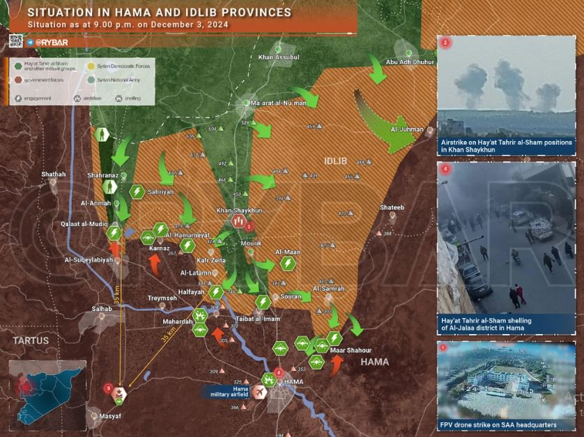 Truyền thông Syria đưa tin, tình hình ở tỉnh Aleppo xấu đi nhanh chóng, người Kurd tiếp tục sơ tán đến Manbij và các khu vực ngoài sông Euphrates. Syria đang cố gắng hạ thấp mức độ nghiêm trọng của vấn đề ở Aleppo, bằng cách gửi thông điệp tới Nga và Iran rằng phần lớn vũ khí bị bọn khủng bố tịch thu là “không thể sử dụng được”. Ảnh: Bản đồ chiến sự Syria tại Hama ngày 3/12. Trong đó, lực lượng nổi dậy tấn công theo hướng mũi tên xanh, quân chính phủ phản kích trên những mũi tên đỏ.