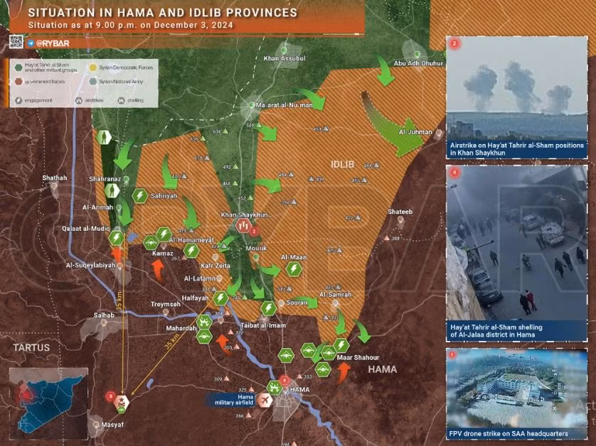 Truyền thông Syria đưa tin, tình hình ở tỉnh Aleppo xấu đi nhanh chóng, người Kurd tiếp tục sơ tán đến Manbij và các khu vực ngoài sông Euphrates. Syria đang cố gắng hạ thấp mức độ nghiêm trọng của vấn đề ở Aleppo, bằng cách gửi thông điệp tới Nga và Iran rằng phần lớn vũ khí bị bọn khủng bố tịch thu là “không thể sử dụng được”. Ảnh: Bản đồ chiến sự Syria tại Hama ngày 3/12. Trong đó, lực lượng nổi dậy tấn công theo hướng mũi tên xanh, quân chính phủ phản kích trên những mũi tên đỏ.