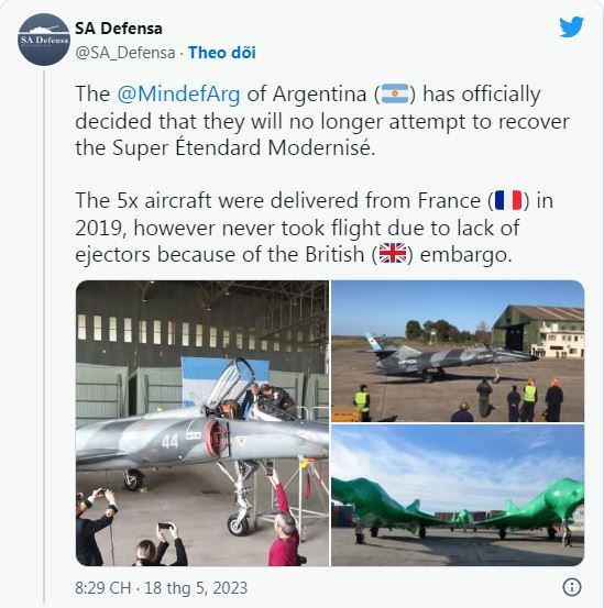 Theo thông tin từ trang @MindefArg của Argentina, Quân đội Argentina đã chính thức quyết định, họ sẽ không cố gắng khôi phục những chiếc chiến đấu cơ Super Étendard nữa, do không tìm được nguồn phụ tùng thay thế.