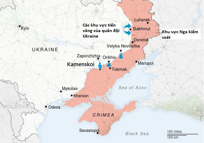 Năm hướng tấn công chủ yếu của Quân đội Ukraine là cánh bắc và cánh nam Bakhmut, Veliky Novosilka ở Nam Donetsk, Kamenskoie và Orekhiv ở Zaporizhia; hướng nghi binh là Kherson. Tuy nhiên, hướng Kamenskoie đã bị quân đội Ukraine bỏ rơi từ giữa đến cuối tháng 7.