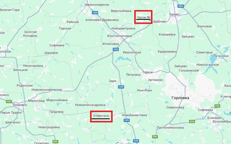 Hiện các hoạt động tăng cường phòng ngự đang được Quân đội Nga tăng cường tại Ocheretino và Chasov Yar; đây là hai cứ điểm phòng thủ có tính chất “sống còn” với những khu vực còn lại của Donetsk. Trong đó Ocheretino nằm cách Avdiivka 20km về phía tây bắc; còn Chasov Yar cách Bakhmut 12 km.