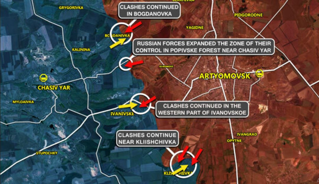Còn tại mặt trận Bakhmut, quân Nga đã tấn công mạnh vào Chasov Yar, phá hủy các điểm triển khai của quân Ukraine, qua đó ngăn chặn nỗ lực chuyển quân dự bị cho làng Ivanovskoye, khi ở nơi đây đang diễn ra các trận đánh ác liệt. Làng Ivanovskoye nằm ở phía tây thành phố Bakhmut, là tiền đồn bảo vệ cho Chasov Yar. 
