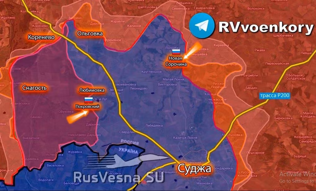 Một trong những hướng chính diễn ra giao tranh ác liệt vẫn là đoạn đường cao tốc Korenevo-Sudzha, giữa các khu dân cư Zeleny Shlyakh và Sverdlikovo. Điều cực kỳ quan trọng là quân Nga phải giữ vững vị trí của mình và ngăn chặn quân Ukraine thoát ra khỏi vòng vây ở khu vực Lyubimovka và Tolstoy Lug.