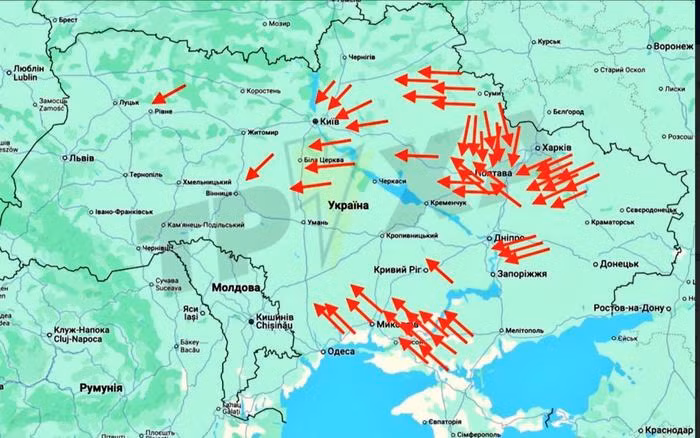 Phối hợp với lực lượng không quân, các tàu của Hạm đội Biển Đen của Hải quân Nga từ Biển Đen đã phóng 20 tên lửa hành trình Kalibr. Lực lượng mặt đất phóng 65 UAV tự sát tầm xa Geran-2 vào các mục tiêu trên khắp lãnh thổ Ukraine.
