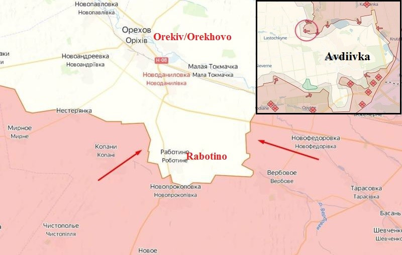 Trước sự tấn công mãnh liệt của quân Nga, Quân đội Ukraine hiện không thể chống chọi được và đã rút lui từ khu vực Rabotino về phía tây và phía nam cách thị trấn Orekhov 9 km. Đánh giá tình hình hiện tại, sau khi mất Avdiivka, khả năng cao là Rabotino sẽ không thể giữ được.