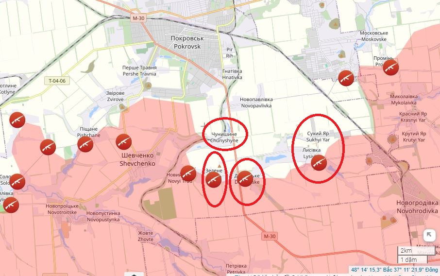 Các trận đánh đặc biệt khốc liệt đang diễn ra ở làng Lysivka và Zelenoe. Các đơn vị Nga đang tấn công các khu định cư này từ vùng ngoại ô phía đông và phía tây, đồng thời tiến hành tấn công vào các vị trí kiên cố của AFU trên điểm cao giữa hai ngôi làng, theo hướng Chunishino.