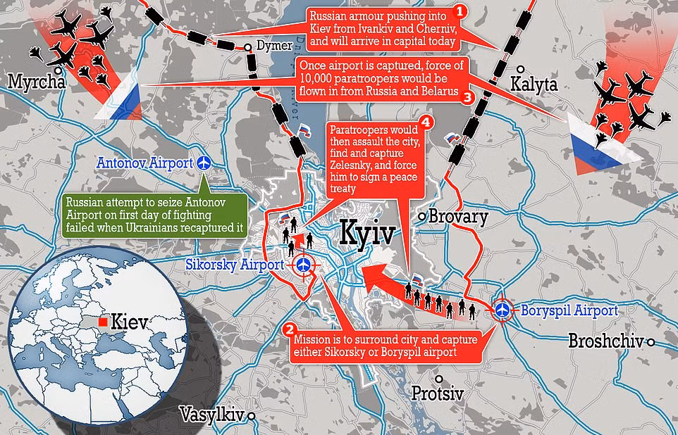 Trong khi đó, kênh truyền hình Mỹ CNN đưa tin, quân đội Nga đã tiếp cận Kiev không chỉ từ phía bắc (từ Ivankov và Dymer), mà còn từ phía đông bắc, tới Brovary từ Chernihiv và từ hướng tây bằng việc đánh chiếm sân bay Gostomel. Tạo thế bao vây thủ đô của Ukraine từ tất cả các hướng.