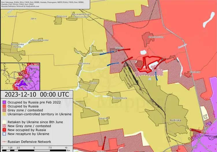 Khu vực sườn phía đông bắc được đánh giá là hướng tiến công chủ yếu của Nga vào Avadiivka; vào ngày 10/12, Lữ đoàn bộ binh cơ giới số 30 và số 114 của Nga một lần nữa vượt qua tuyến đường sắt và giành được thắng lợi then chốt, làm chủ hoàn toàn làng Stebove.