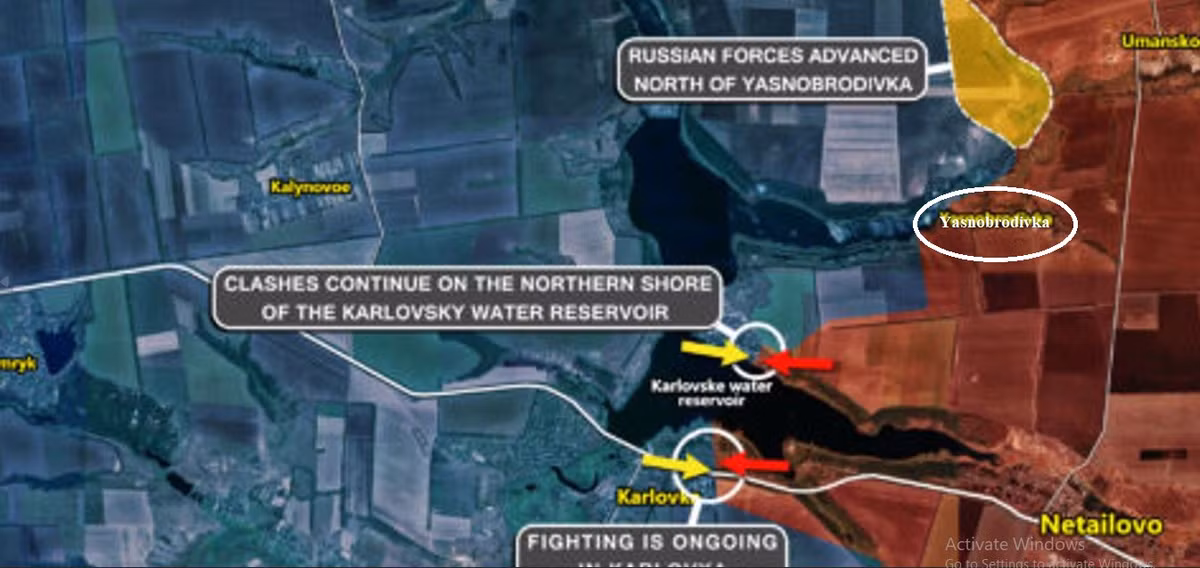 Tình trạng tương tự cũng xảy ra ở làng Yasnobrodivka, cách Novoselivka Persha 10 km về phía nam, ngôi làng này đã bị Quân đội Nga chiếm đóng hoàn toàn vào khoảng ngày 12/7, và trước đó quân Ukraine tại đây đã rơi vào một cảnh tượng hết sức bi đát, khi bị kẹp giữa một hồ chứa nước lớn ở phía bắc và một hồ chứa lớn ở phía tây nam.