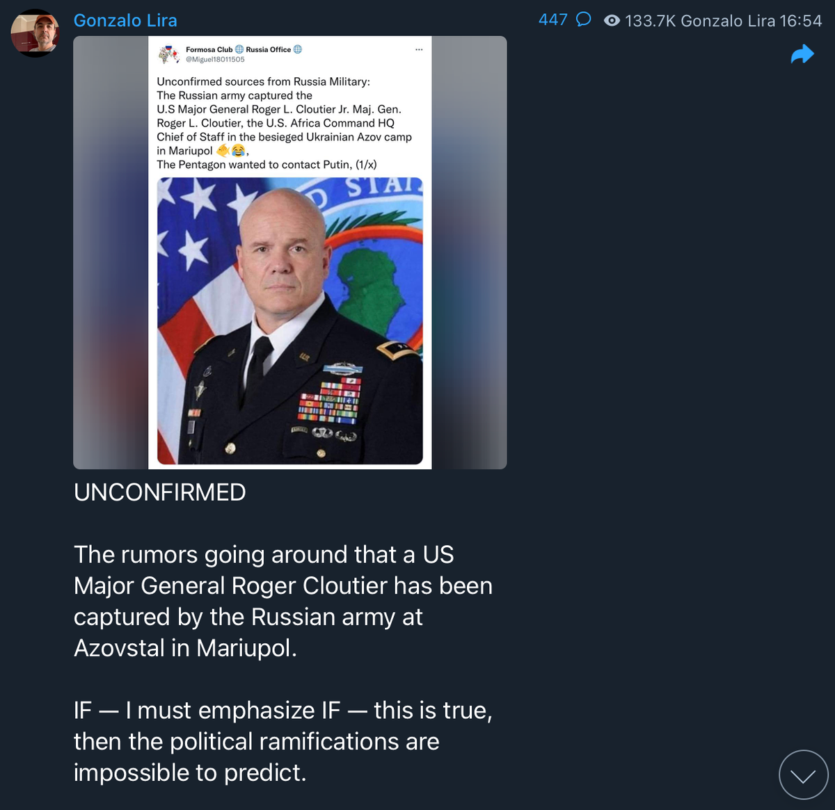 Hiện có thông tin chưa xác thực cho rằng, một trong những cố vấn cấp cao trong Ban chỉ huy “Tiểu đoàn Azov” cực hữu tại Mariupol, Thiếu tướng Lục quân Mỹ Roger Crutiai, đã bị quân Nga bắt tại Nhà máy thép Azovstal. 