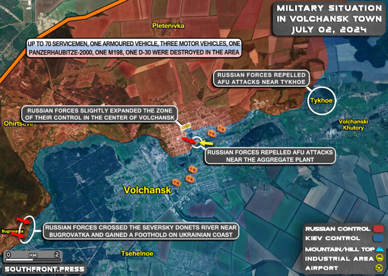 Trong khi đó, giao tranh ác liệt vẫn diễn ra ở khu vực thành phố Volchansk, phía bắc Kharkov; theo thông tin, quân Nga đã đẩy lùi một cuộc phản công của quân Ukraine ở phía đông thành phố, với số lượng lên tới 30 người, trong đó có cả lính đánh thuê nước ngoài. Ngoài ra, quân Ukraine còn chịu tổn thất nặng nề, khi cố gắng vượt sông Volchya, khiến 40 người thiệt mạng.