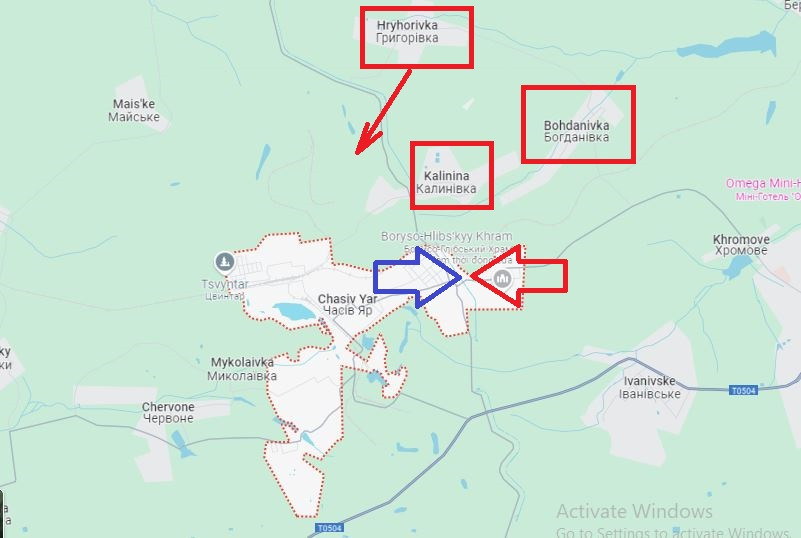 Ngoài ra các đơn vị Nga tiến về phía bắc theo hướng làng Grigorivka. Hành động này tạo tiền đề cho việc Quân đội Nga có thể vượt qua tuyến kênh Seversky Donets-Donbass rộng hơn, tạo gọng kìm bao vây từ hướng bắc. Điều này sẽ tác động tiêu cực đến tình hình của quân Ukraine tại Chasov Yar.