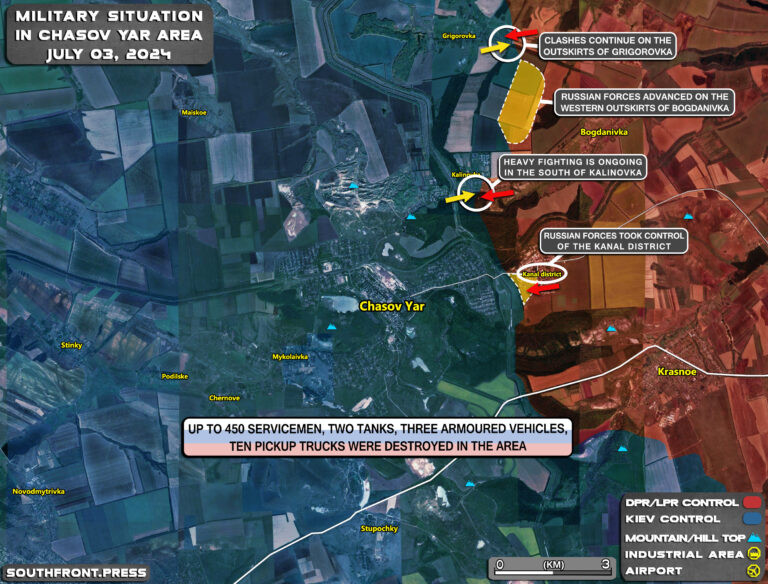 Trong khi đó tình hình ở Chasov Yar đặc biệt nghiêm trọng đối với Ukraine, trái hẳn với thông tin của Ukraine là đã đánh bật quân Nga ra khỏi Chasov Yar, các kênh quân sự trên mạng xã hội của cả hai bên đều cho biết, quân Nga tiếp tục đẩy quân Ukraine ra khỏi khu vực tiểu khu Kanal ở phía đông kênh đào Severski Donets - Donbass. 