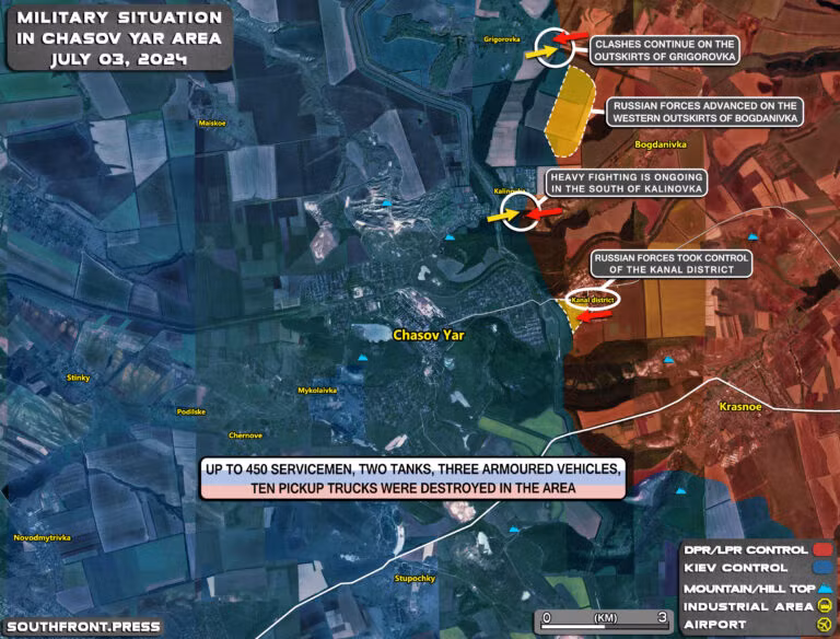Trong khi đó tình hình ở Chasov Yar đặc biệt nghiêm trọng đối với Ukraine, trái hẳn với thông tin của Ukraine là đã đánh bật quân Nga ra khỏi Chasov Yar, các kênh quân sự trên mạng xã hội của cả hai bên đều cho biết, quân Nga tiếp tục đẩy quân Ukraine ra khỏi khu vực tiểu khu Kanal ở phía đông kênh đào Severski Donets - Donbass. 