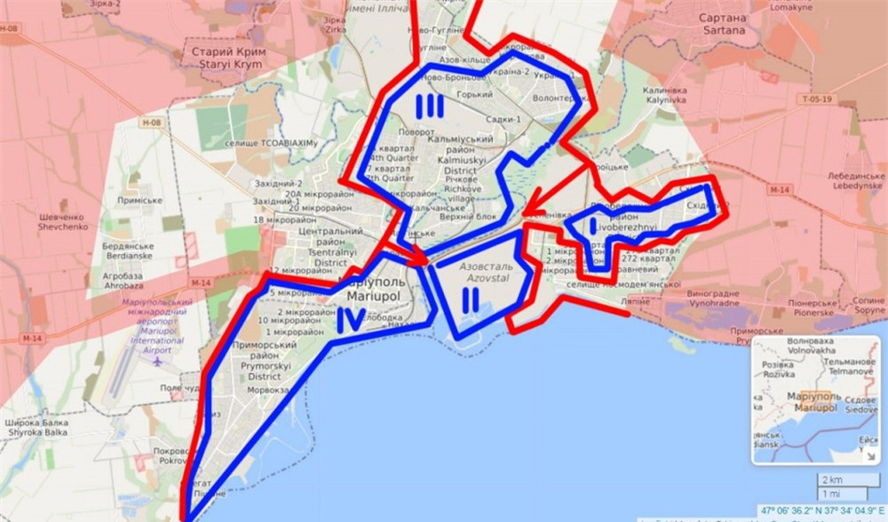 Trong khi đó, các phóng viên chiến trường thông báo rằng, hiện thành phố Mariupol được chia thành nhiều khu vực. Trong mỗi khu vực, các chiến thuật khác nhau được thực hiện, để tiêu diệt các chiến binh và nhân viên quân sự của Lực lượng vũ trang Ukraine.