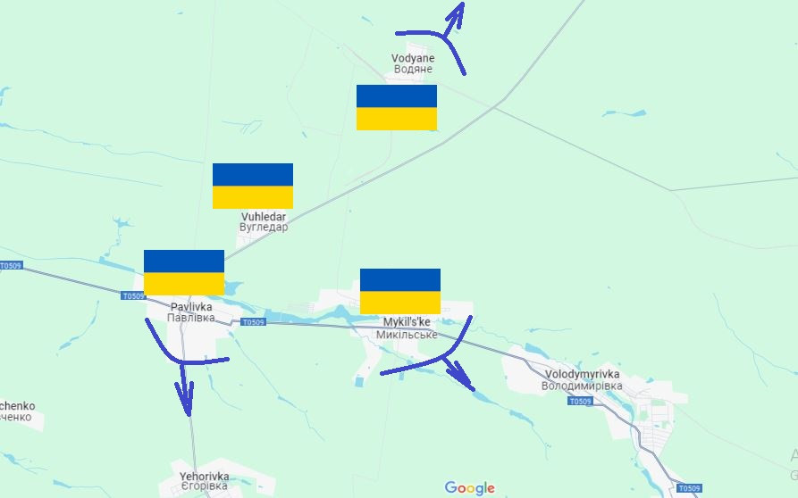 Sau khi các tuyến đường huyết mạch ở cánh đông và cánh tây không còn sử dụng được, Ugledar vẫn có thể chiến đấu với những con đường tiếp tế từ hướng tây. Trong khi Mỏ số 1 và số 3 ở nam Donbass, làng Vodani và Khu công nghiệp Pavlivka ở phía đông bắc thành phố, vẫn có thể đóng vai trò là hàng rào bên sườn cho Ugledar, bảo vệ vững chắc trung tâm phòng ngự trong thành phố.