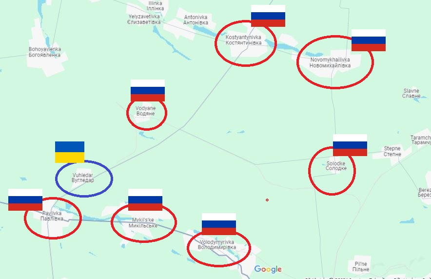 Ở sườn phía đông, Quân đội Ukraine ban đầu kiểm soát toàn bộ tuyến đường cao tốc T-0524 cũng như một khu vực rộng lớn các vị trí cách tuyến này vài km về phía đông. Tuy nhiên, sau khi quân Nga mất nhiều thời gian và thiệt hại để chiếm được Novimikhailivka, khu dân cư lớn nhất của quân Ukraine ở phía đông con đường, họ tiếp tục dồn ép các vị trí của quân Ukraine ở phía đông con đường.