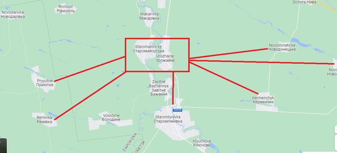Ví dụ, từ Urozhaine đi về phía đông, sẽ đến Novodetsk, Novomayorsk, Shevchenko, Pavlivka và Mikiersk. Với mặt tiền rộng 40 km chỉ có vài tòa nhà, phần còn lại của làng là cánh đồng rộng, rất phù hợp với cuộc tấn công nhanh của lực lượng thiết giáp hạng nhẹ.