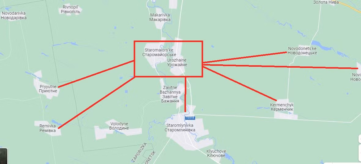 Ví dụ, từ Urozhaine đi về phía đông, sẽ đến Novodetsk, Novomayorsk, Shevchenko, Pavlivka và Mikiersk. Với mặt tiền rộng 40 km chỉ có vài tòa nhà, phần còn lại của làng là cánh đồng rộng, rất phù hợp với cuộc tấn công nhanh của lực lượng thiết giáp hạng nhẹ.