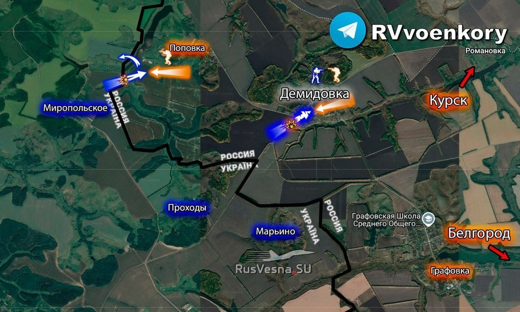 Một số chi tiết về những trận đánh ác liệt ở khu vực biên giới tỉnh Belgorod của Nga, giáp với tỉnh Sumy đang được hé lộ. Kế hoạch ban đầu của quân đội Ukraine (AFU) nhằm chiếm ngôi làng Demidovka làm đầu cầu, để tiến sâu hơn vào vùng Belgorod đã thất bại. Sau đó Bộ Tổng tham mưu AFU đã quyết định chuyển hướng tấn công sang phía làng Popovka, nằm gần biên giới.