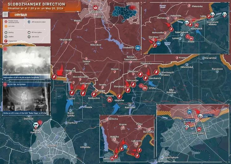 Đầu tiên chúng ta hãy nhìn vào mặt trận Kharkov được nhiều người theo dõi. Sau giao tranh mấy ngày qua, quân Nga trên hướng này đã san bằng mặt trận giữa Liptsy và Volchansk. Có thể nhìn thấy rõ từ Liptsy ở phía tây đến Ternova ở trung tâm, đến Volchansk ở phía đông.