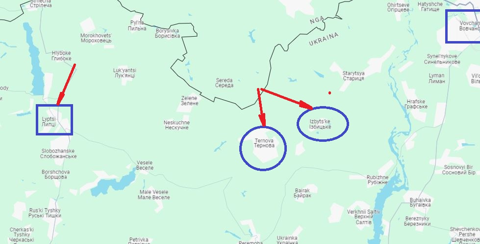 Trên hướng Ternova ở giữa, Quân đội Nga đang bao vây phòng tuyến giữa Ternova và Izbizik. Cuộc tấn công vào hai khu định cư này ít khó khăn hơn ở Liptsy rất nhiều, do lực lượng Ukraine ở đây mỏng, lại không có nhiều khu dân cư để quân Ukraine phòng thủ.
