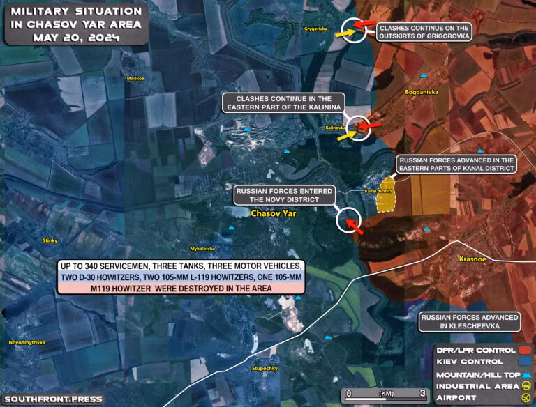 Ở phía tây bắc Avdiivka, cuộc tấn công của quân Nga tiếp tục dọc theo khe núi Ocheretino theo hướng Novopokrovsky, buộc quân Ukraine phải đưa quân tiếp viện lớn tới đây, nhưng quân Nga đã tiến công thành công và chiếm được chỗ đứng trên các điểm cao phía đông.