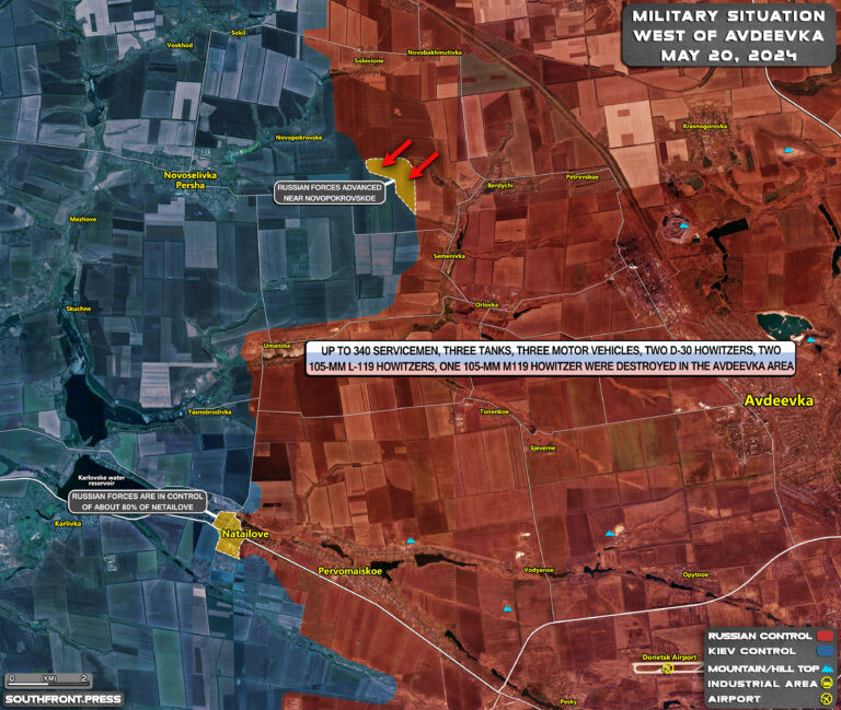 Bản đồ chiến sự tại phía tây Avdiivka, tỉnh Donetsk ngày 20/5. Phần màu nâu đỏ là khu vực Nga đã chiếm, phần màu vàng cam là khu vực quân Nga mới chiếm được. (Đồ họa Southfront).