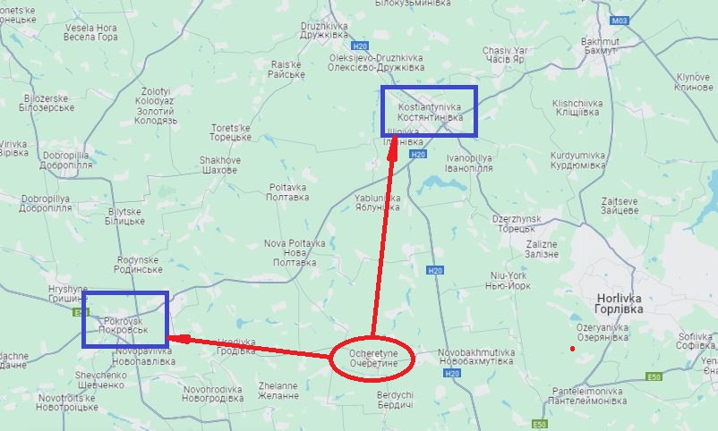Việc chiếm được Ocheretine, một đầu mối giao thông quan trọng, có thể giúp quân Nga lên kế hoạch cho các hành động tấn công tiếp theo như tiến công sâu về hướng tây tới thành phố Pokrovka và lên phía bắc tới Konstantinovka. (Nguồn ảnh: Topwar, Avia.pro, Rybar).