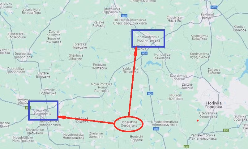 Việc chiếm được Ocheretine, một đầu mối giao thông quan trọng, có thể giúp quân Nga lên kế hoạch cho các hành động tấn công tiếp theo như tiến công sâu về hướng tây tới thành phố Pokrovka và lên phía bắc tới Konstantinovka. (Nguồn ảnh: Topwar, Avia.pro, Rybar).