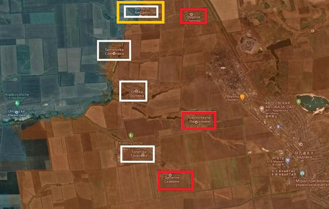 Sau khi tràn ngập thành phố Avdiivka vào ngày 17/2 vừa qua, quân Nga đã nhanh chóng tổ chức truy kích quân Ukraine ở phía tây thành phố, lần lượt chiếm các tuyến phòng thủ thứ nhất và gần hết tuyến phòng thủ thứ hai. Lúc này quân Ukraine chỉ còn trụ lại được một phần phía bắc làng Berdychi.