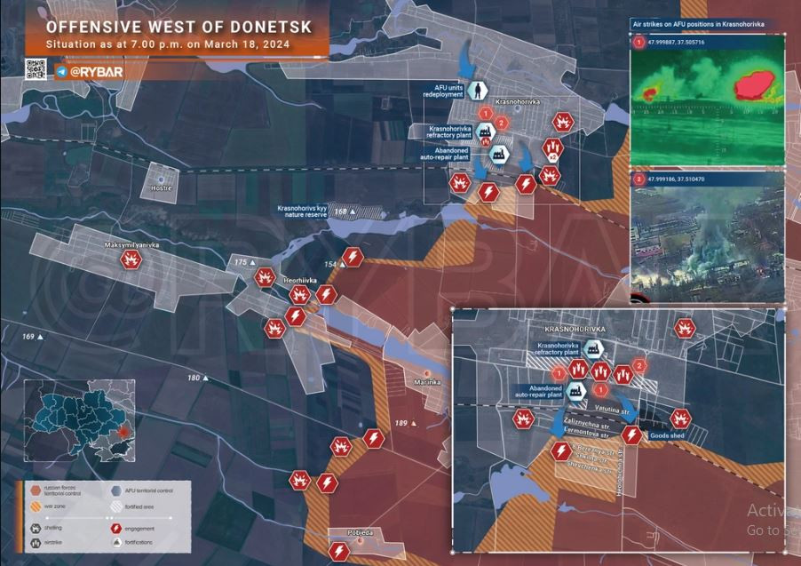 Cũng vào ngày 18/3, gần thị trấn Marinka, cách Avdiivka không xa, 18 binh sĩ thuộc Lữ đoàn bộ binh cơ giới độc lập số 59 của Ukraine đã đầu hàng tập thể tại làng Georgievka. Những người lính trên đã bị tấn công trong quá trình di chuyển và quyết định tốt nhất mà họ có thể đưa ra, đó là đầu hàng để cứu mạng mình.